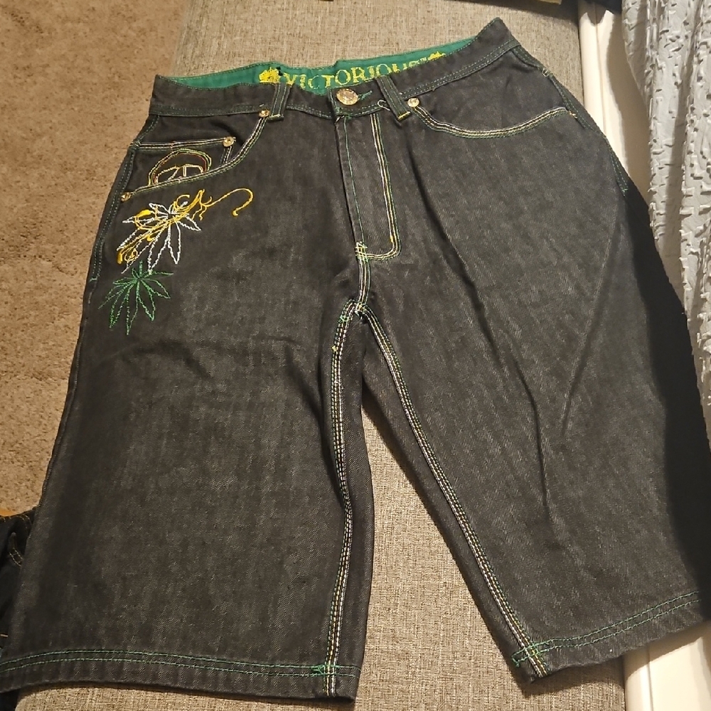 Black Embroidered Jean Shorts